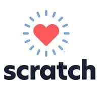 Red heart with blue rays above the word "scratch" in bold, lowercase letters.
