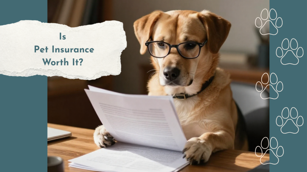 Dog wearing glasses, sitting at a table, reading documents.