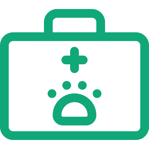 Green veterinary first aid kit icon with a paw print and cross.