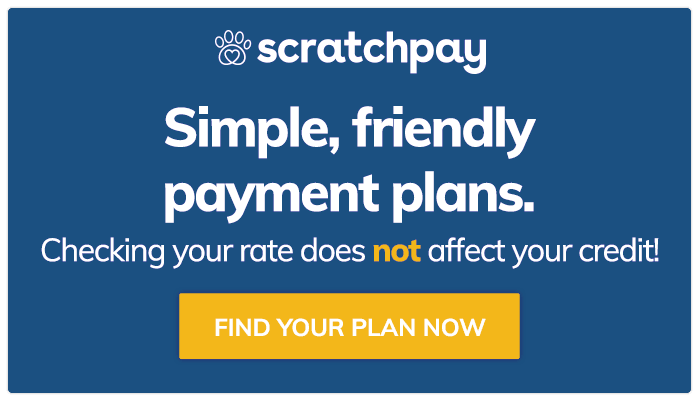 Scratchpay advertisement with the text: "Simple, friendly payment plans. Checking your rate does not affect your credit! FIND YOUR PLAN NOW.