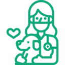 A veterinarian with a stethoscope smiling and hugging a dog, with a heart symbol nearby.