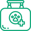 A green pet first aid kit with a paw print and cross symbol.