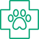 A green outline of a medical cross with a paw print in the center.