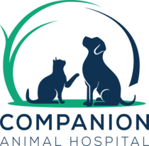 Silhouette of a cat and dog sitting under a green arc, with the text "Companion Animal Hospital" below.